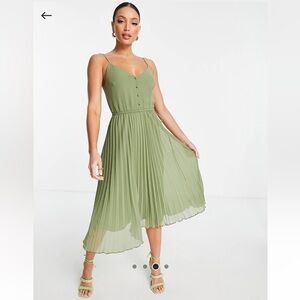 ASOS DESIGN button front pleated cami midi dress w drawstring waist in khaki